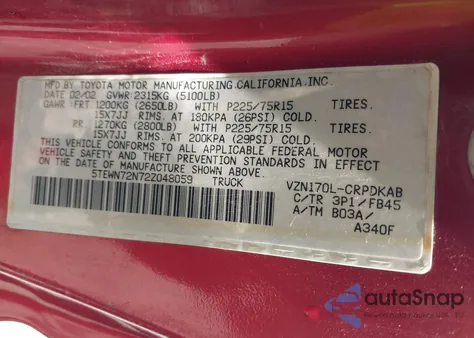 2002 Toyota Tacoma Base V6 from USA, damaged, VIN 5TEWN72N72Z048059